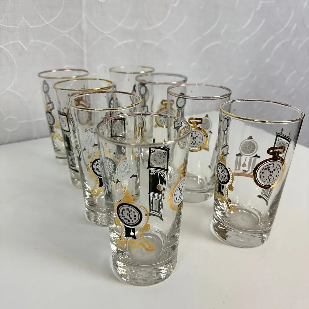 Libby Timepiece Clock High Ball Drinking Glasses Gold Black White Set of 10